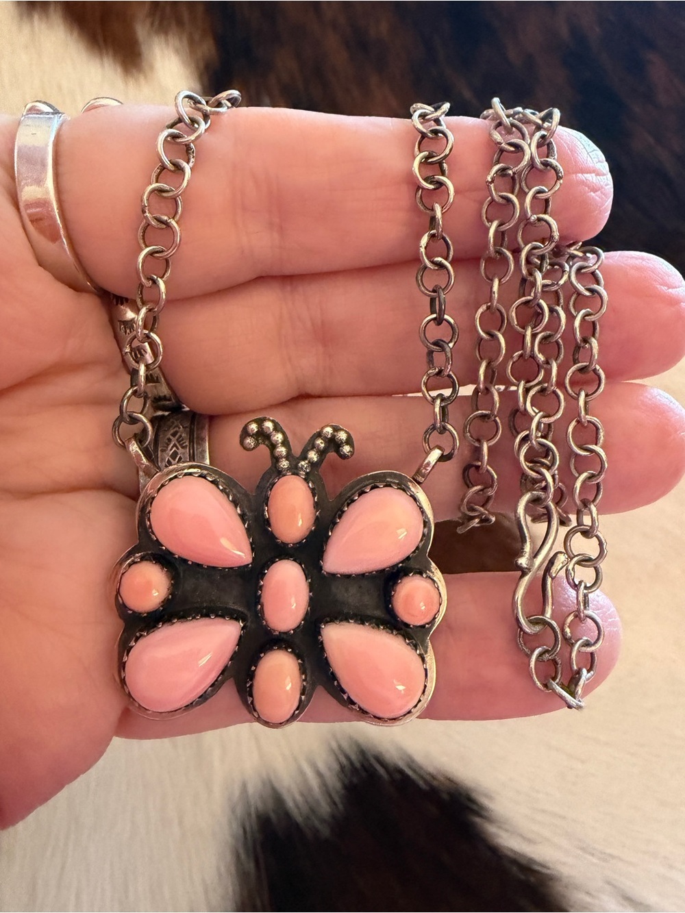 ❤️ Queen Pink Conch Sterling Oxidized Butterfly Thick Rolo ADJ Necklace 20.25”L